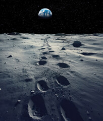 Wall Mural - human footprints on lunar surface with earth glowing brightly above on black starry sky. generative 