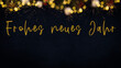Frohes neues Jahr 2024 Silvester Feiertag Grußkarte mit deutschem Text - Goldenes gelbes Feuerwerk in der Nacht am Himmel