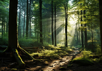  Forest in the morning with rays of light passing through the trees. Scenic landscape. Environment concept. AI generated