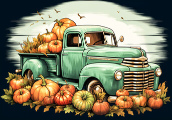 Wall Mural - Illustration of old agricultural truck surrounded by many pumpkins. AI generated