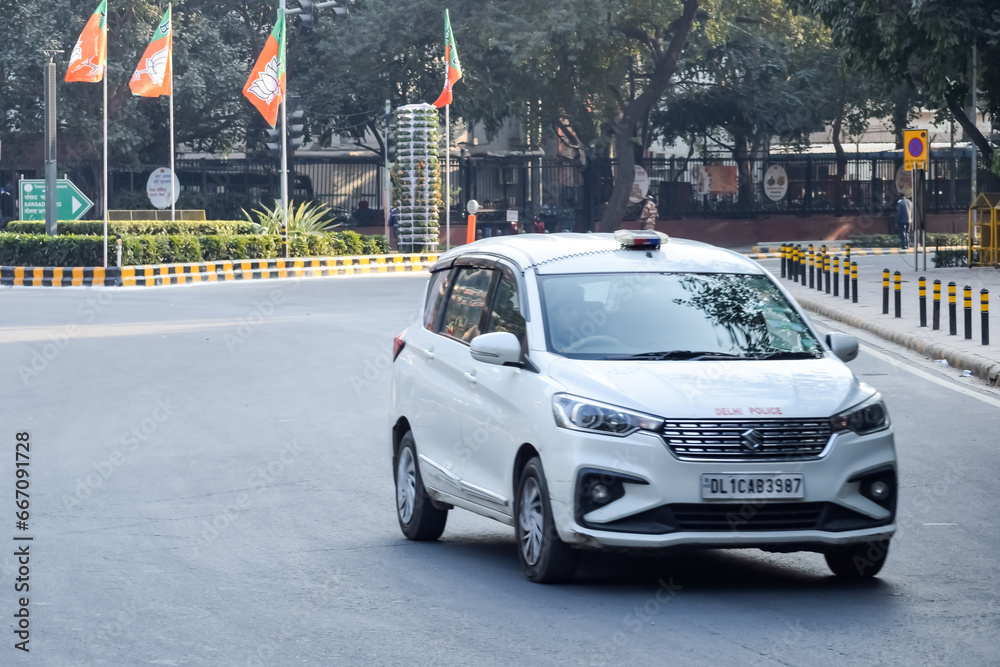 Pyw Roud New Delhi, India - January 16 2023 – Delhi Police personnels during BJP ...