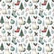 Watercolor seamless pattern with cats, Christmas trees, stockings and other elements. Ideal for wrapping paper, fabric designs and holiday-themed backgrounds.