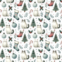 Watercolor Seamless Pattern With Cats, Christmas Trees, Stockings And Other Elements. Ideal For Wrapping Paper, Fabric Designs And Holiday-themed Backgrounds.