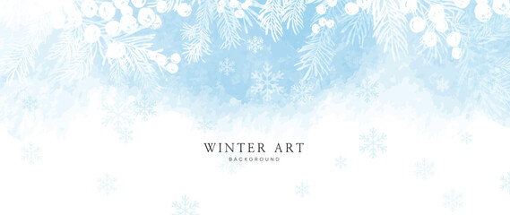 Wall Mural - Winter botanical watercolor leaf branches background vector illustration. Hand painted watercolor foliage, berry, pine leaves, holly sprig, snowflakes. Design for poster, wallpaper, banner, card.