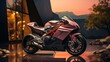 As the vibrant pink and sleek black motorcycle sits parked under the colorful sunset sky, its wheels glisten and the tire treads hint at the wild adventures it has taken