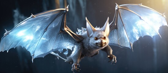 Icy  bat animal beast with gold jewelry and shield armour , epic lightning background , photo realistic, Generative AI