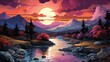 A breathtaking painting of a vibrant river flowing through a majestic landscape, surrounded by towering trees and rugged mountains, as the sun sets behind a stunning canyon