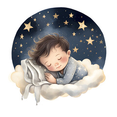 Wall Mural - Dreamy Boy Asleep Under a Starry Sky, image for a children's story or room decoration