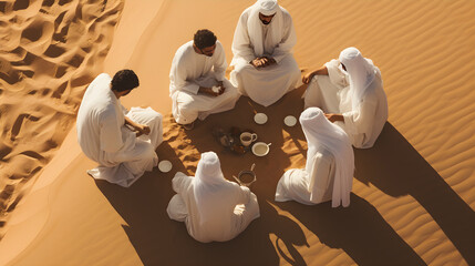 Wall Mural - Muslim men in white traditional clothes who drink coffee or tee and enjoys calm morning in midst of endless sandy desert with pure white sand in open air, top view