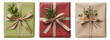 Gifts wrapped decorated with gold ribbons and plants on a transparent background