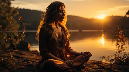 Canvas Print - a woman sitting on a rock with a body of water in the background