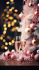 Wall Mural - two glasses of champagne next to a christmas tree