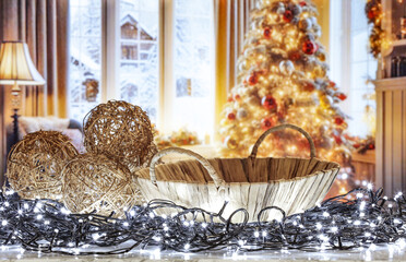 Wall Mural - Winter window and chrismtas pedestal of free space for your decoration. 