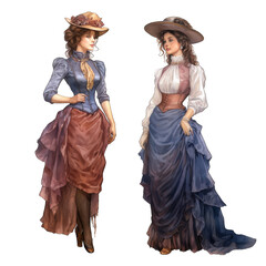 Two Wild west woman madame, wearing traditional madame style fashion from the 1800s. Isolated on white transparent background. Watercolor illustration