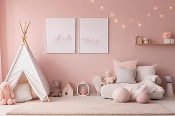 Wall Mural - Room with soft pink walls. White pictures, pink geometric poufs, wigwam