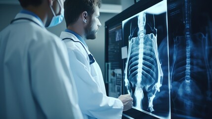 X - ray Imaging: A radiology technician positioning a patient for a chest X - ray.