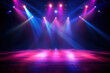 Empty concert stage with illuminated neon glowing spotlights. Stage background with copy space