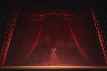 Poster - A woman wearing a red dress stands in front of a vibrant red curtain. This image can be used to convey elegance, drama, or a sense of anticipation. It is suitable for various themes and concepts.