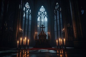 Aufkleber - A picture of candles being lit in a dark church with gothic windows. This image can be used to depict religious ceremonies, spirituality, or a somber atmosphere.