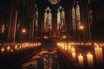 Aufkleber - A picture of a church filled with numerous lit candles. Perfect for religious and spiritual concepts, as well as serene and peaceful themes.