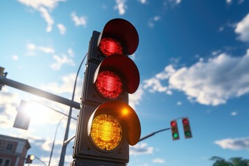 Poster - A picture of a traffic light showing the red and yellow lights. This image can be used to represent traffic safety or to illustrate the concept of stopping or waiting.