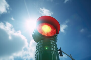 Poster - A traffic light with the sun shining behind it. Suitable for transportation, urban, and cityscape themes.