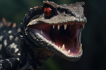 Poster - A detailed close-up of a dinosaur with its mouth wide open. Perfect for educational materials or dinosaur-themed projects.
