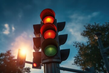 Poster - A traffic light with the sun shining in the background. This image can be used to symbolize transportation, urban life, or the concept of moving forward.