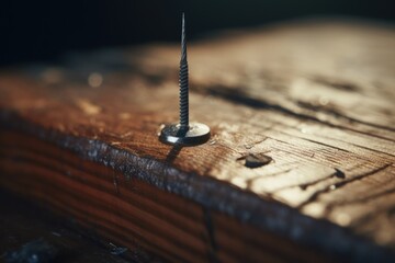 Wall Mural - A detailed close up of a screw attached to a piece of wood. This versatile image can be used to illustrate concepts such as construction, DIY projects, woodworking, repairs, or hardware.