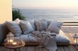 A wooden deck overlooking the ocean with a comfortable couch for relaxation. Perfect for beachfront resorts or seaside vacation advertisements.