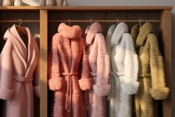 Poster - A row of coats hanging in a closet. Perfect for showcasing a variety of outerwear options.