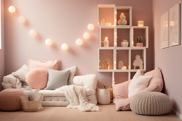 Wall Mural - Room with soft pink walls. White bookshelves, pink geometric poufs and soft lighting