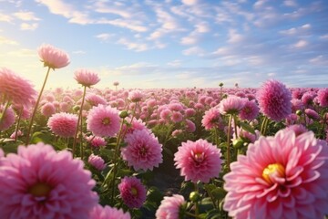 Poster - A beautiful field of pink flowers under a clear blue sky. Perfect for adding a touch of nature and color to any project or design.