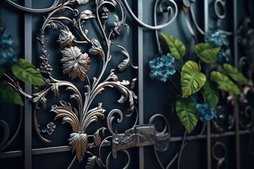 Poster - A detailed view of a metal fence adorned with colorful flowers. This image can be used to add a touch of beauty and elegance to various design projects.