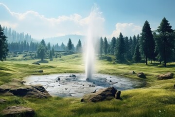 Aufkleber - A fountain located in the center of a grassy field. This picture can be used to depict a peaceful outdoor scene or to symbolize the beauty of nature.