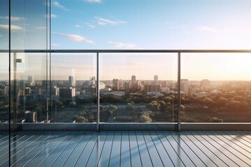 Poster - A picture of a balcony overlooking a bustling cityscape. Perfect for illustrating urban living or showcasing the beauty of a city skyline.