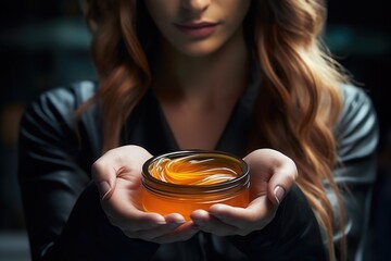Poster - A woman is shown holding a jar of honey in her hands. This versatile image can be used to depict concepts such as nature, health, food, cooking, and agriculture.