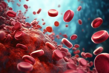 Poster - A close-up image of a group of red blood cells flowing through a vein. This picture can be used to illustrate the circulatory system or medical concepts related to blood circulation.