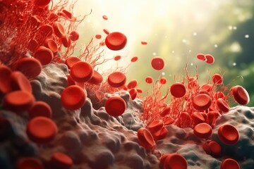 Poster - A group of red blood cells flowing through a vein. Suitable for medical, scientific, or educational purposes.