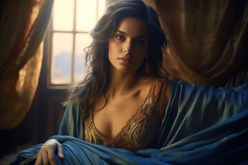 Poster - A woman wearing a blue dress sitting in front of a window. This image can be used to depict relaxation, solitude, or contemplation