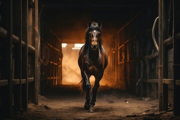 Poster - A brown horse running through a barn door. Perfect for equestrian enthusiasts and farm-themed designs