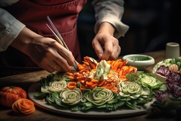 Poster - A person is seen cutting up vegetables on a plate. This image can be used to depict healthy eating, meal preparation, or cooking