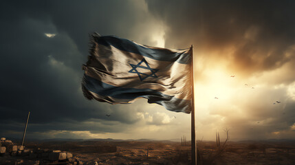 Wall Mural - Israeli flag on a hill - war torn lane - cloudy sky - Ray of sun shining through . Meant to symbolize hope and a new tomorrow - low angle shot - monochrome with color splash - Israel 