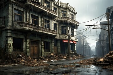 Poster - A city street filled with debris and litter. This image can be used to depict urban decay or the aftermath of a disaster