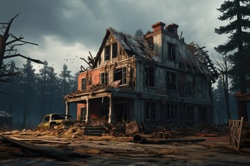 Poster - A picture of a very old house situated in the middle of a dense forest. This image can be used to depict mystery, solitude, or an abandoned location