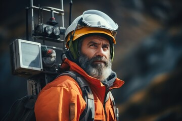 Poster - A man with a beard wearing a helmet and an orange jacket. Suitable for construction, safety, or outdoor activities