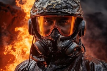 Poster - A man is pictured wearing a gas mask while standing in front of a fire. This image can be used to portray themes of danger, disaster, protection, or survival