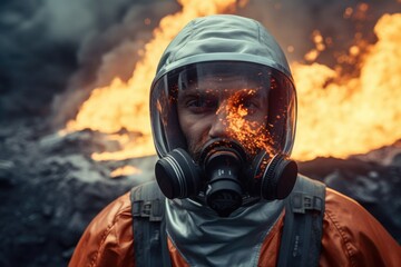 Poster - A man is pictured wearing a gas mask while standing in front of a blazing fire. This image can be used to represent danger, disaster, protection, or emergency situations