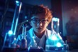 A young boy wearing a lab coat is focused on observing something. This image can be used to depict curiosity, learning, and scientific exploration