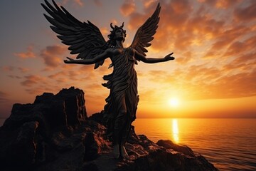 Poster - A statue of an angel gracefully perched atop a rock. This serene image can be used to symbolize peace, spirituality, or as a decorative element in various projects